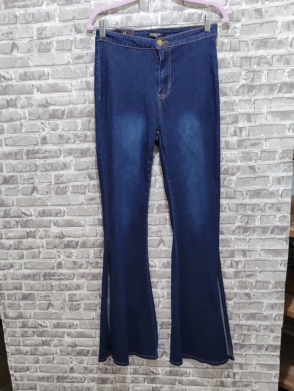 American Bazi High Rise Flare Dark Blue Split-Side Jeans, Womens M (8/10)